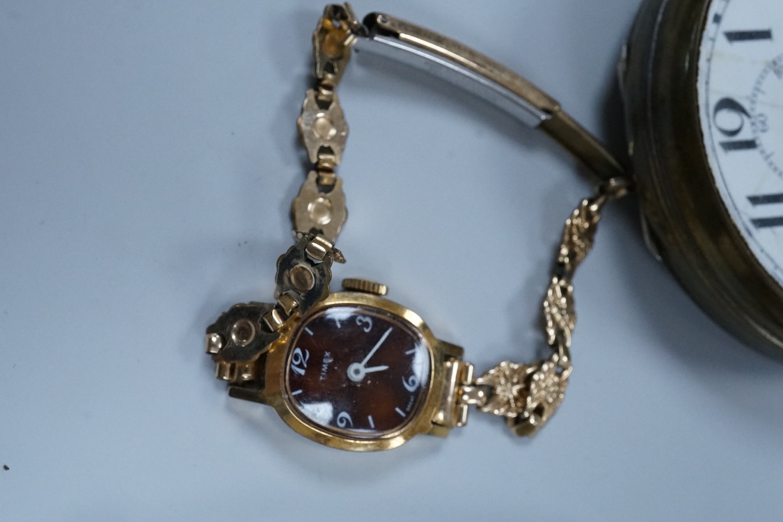 A brass cased S. Smith & Son open faced pocket watch with Roman dial, one other pocket, a quantity of assorted lady's wrist watches including Avia, Ingersoll and Timex, together with a gentleman's steel Zeitner Aqua Spor